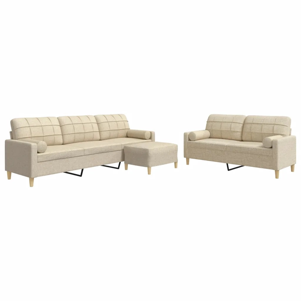 Set Divani 3 pz con Poggiapiedi e Cuscini Crema Tessuto