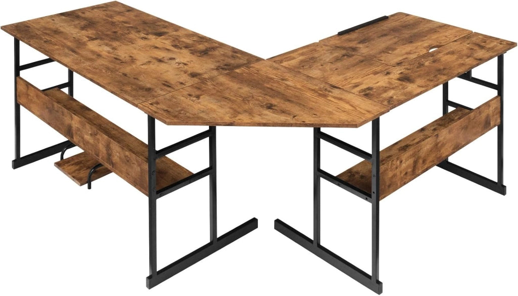Scrivania ad angolo a forma di L 170 cm, scrivania per computer con 2 ripiani, vassoio inclinabile, supporto per unità centrale, tavolo da computer, poco ingombrante, stile industriale