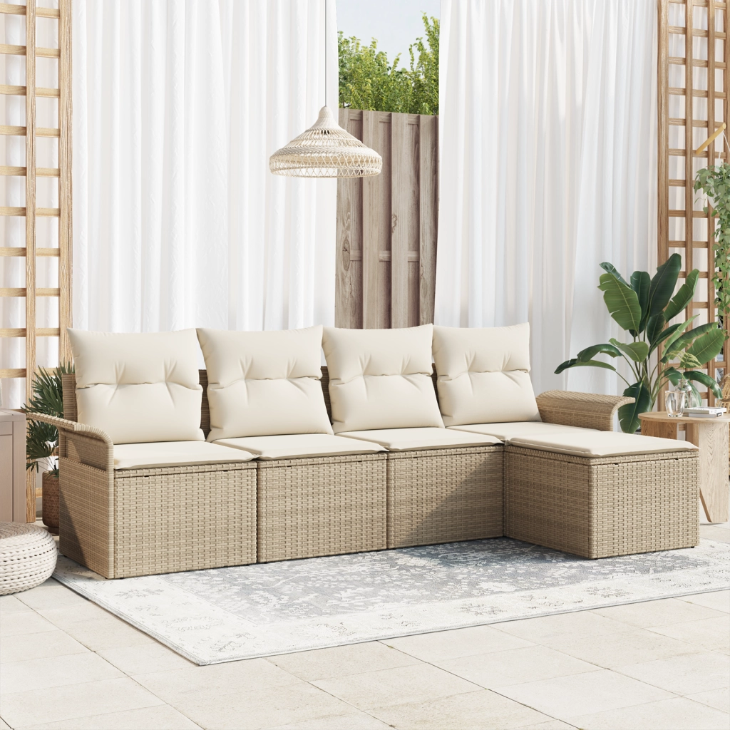 Set Divano da Giardino  da 5 pezzi con Cuscini Beige in Rattan Polietilene