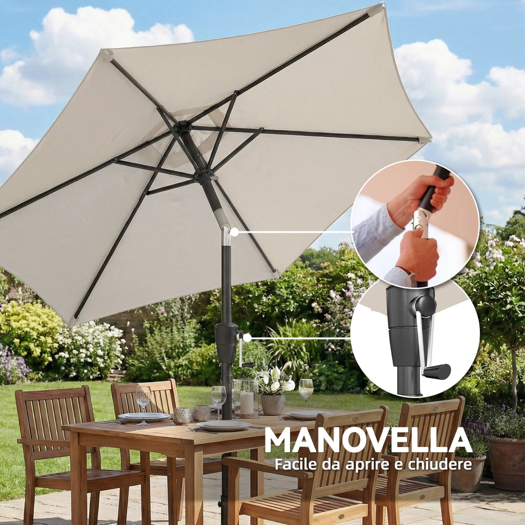 Ombrellone da Giardino Inclinabile 2x2 m a 6 Stecche con Manovella in Metallo e Poliestere Grigio Chiaro