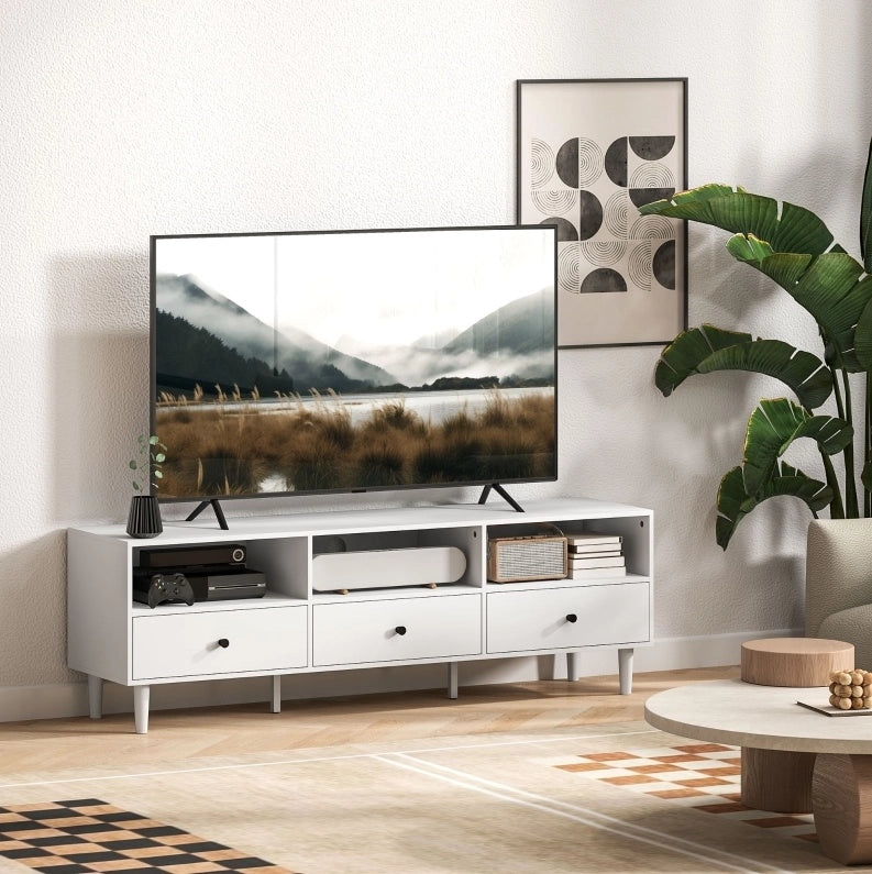 Mobile TV 140x34x45 cm con 3 ripiani aperti e 3 cassetti in legno bianco