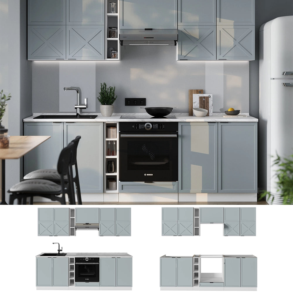 Cucina componibile Fame-Line Blu-grigio chiaro/Bianco 235 cm, PL Antracite Vicco