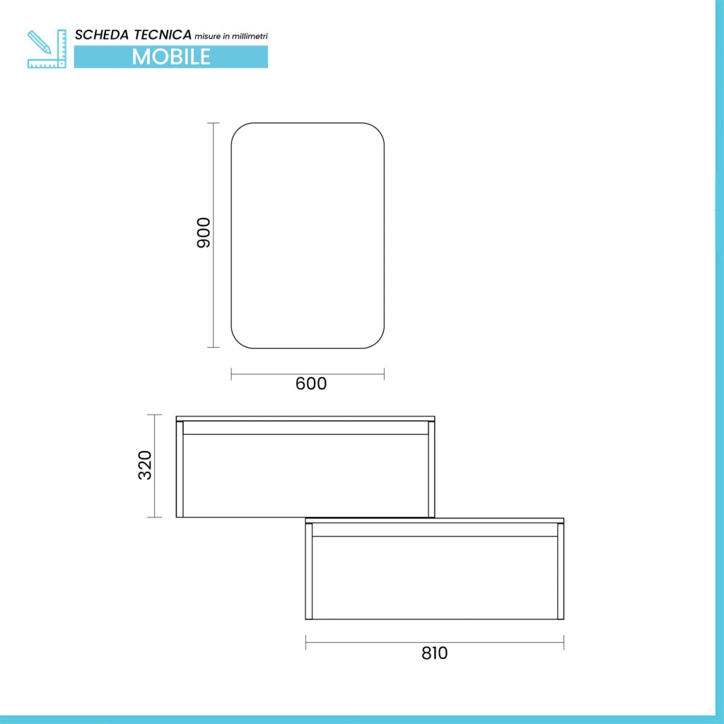 Mobile bagno sospeso 80 cm in legno tabacco e tortora con 2 cassetti, lavabo e specchio Smok