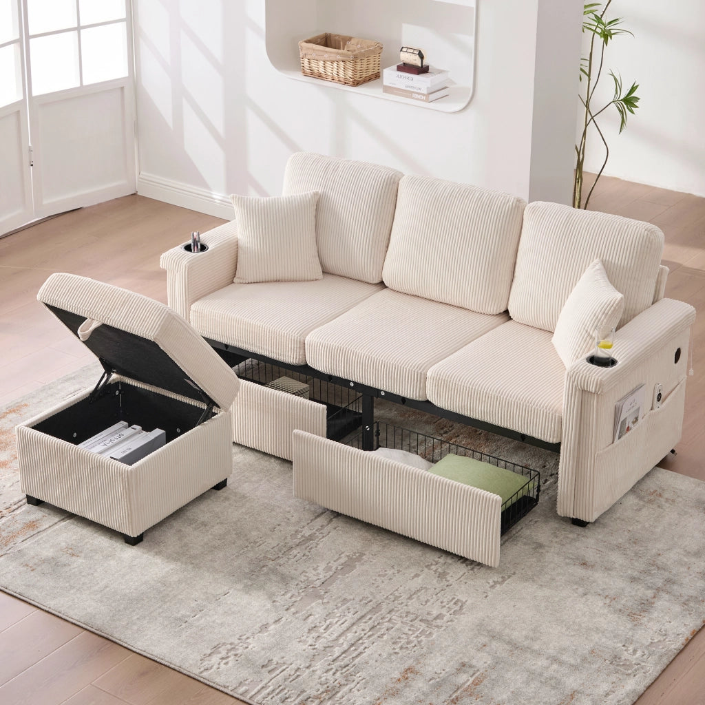 Divano Modulare 3 Posti con LED e USB Tipo C; Contenitori; Portabicchieri e Tasche Laterali in Velluto a Coste Beige