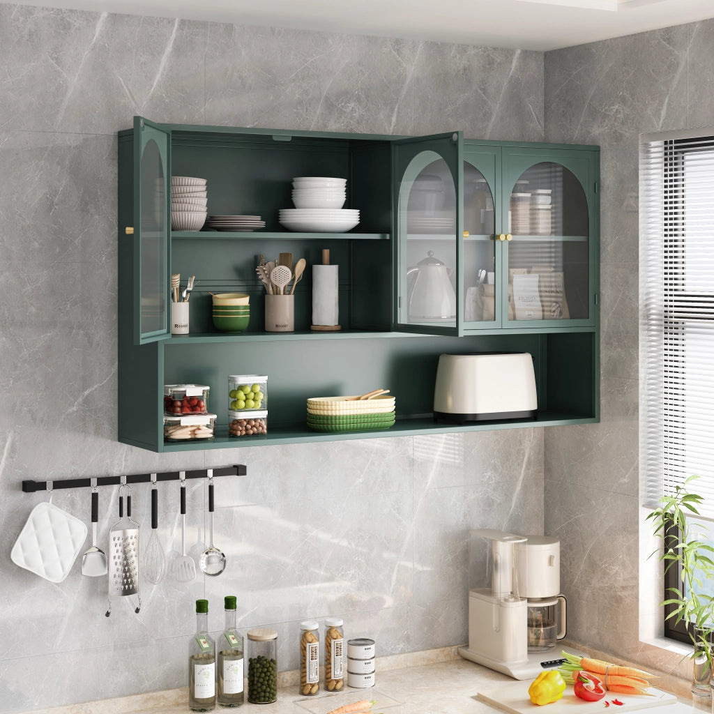 Mobile contenitore a 4 ante in ferro e vetro con ripiani; per cucina e soggiorno; 120×23×70 cm; verde scuro
