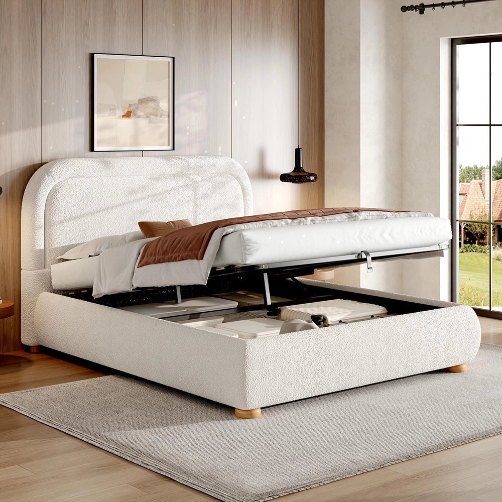 Letto imbottito matrimoniale - Xylo - 160x200 cm - Bianco - Funzione idraulica, testiera imbottita, ampio spazio di archiviazione