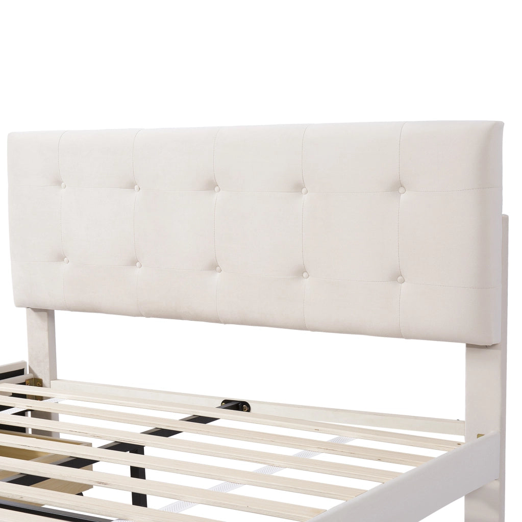 Letto imbottito 140x200 cm con 4 cassetti; struttura in acciaio; beige