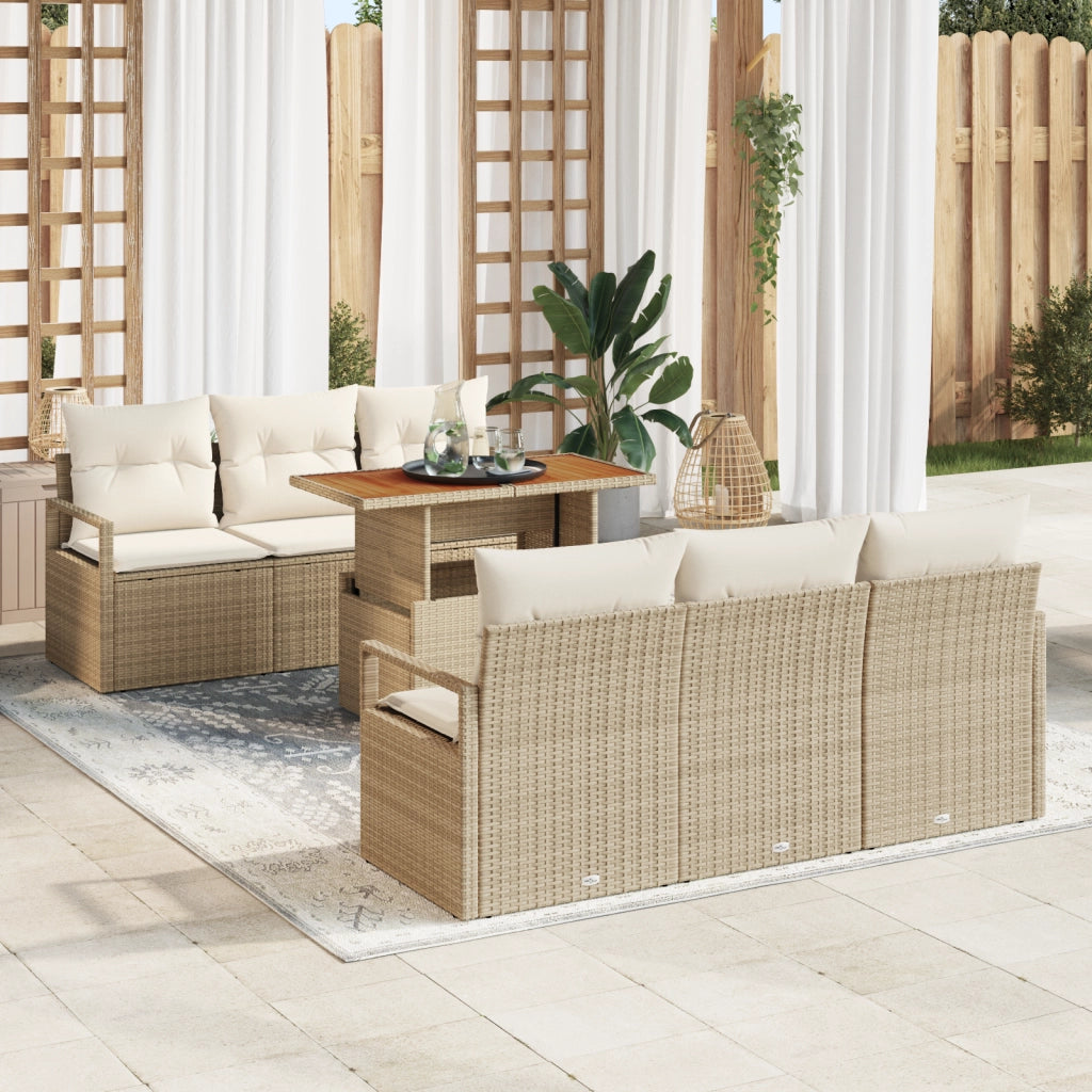 Set di Divani da Giardino  7 Pezzi con Cuscini Beige Rattan Poliestere