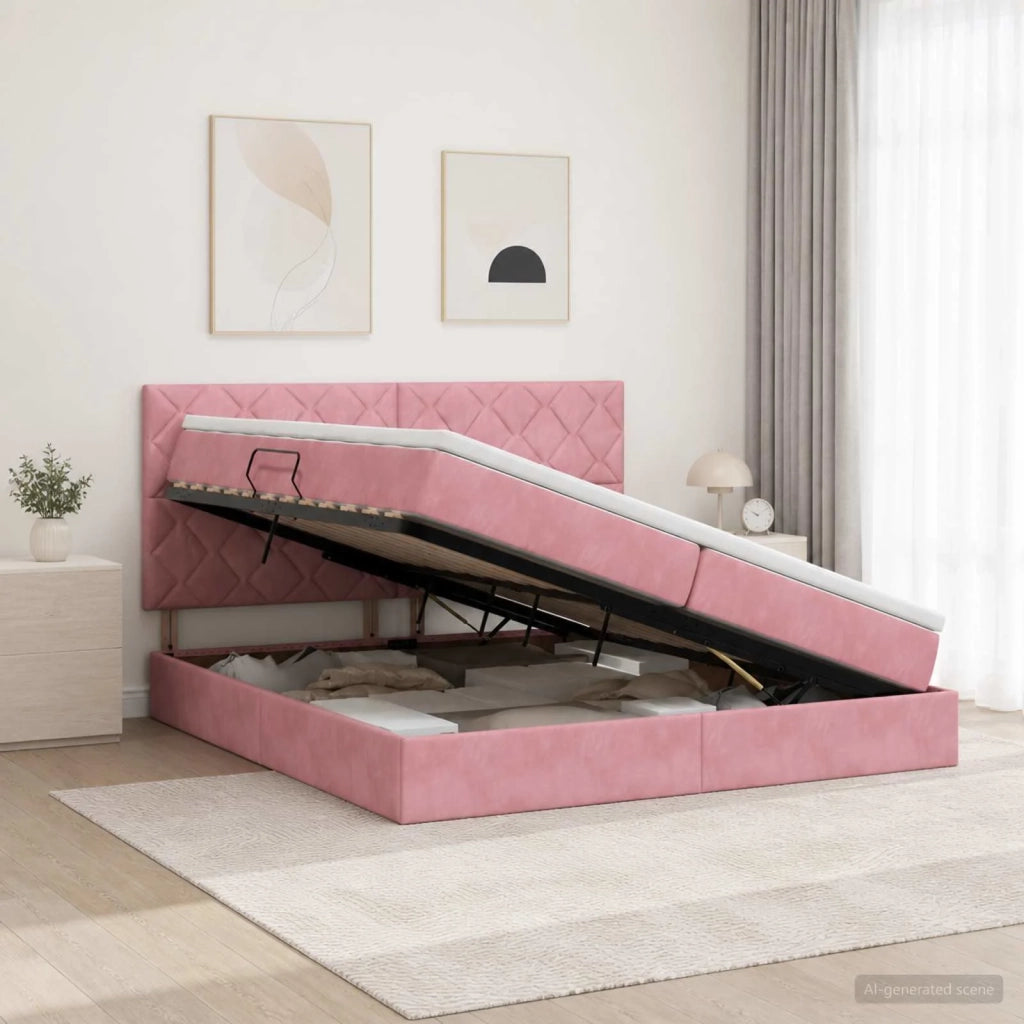 Letto con contenitore e materasso Rosa 200 x 200 cm Velluto 3459776