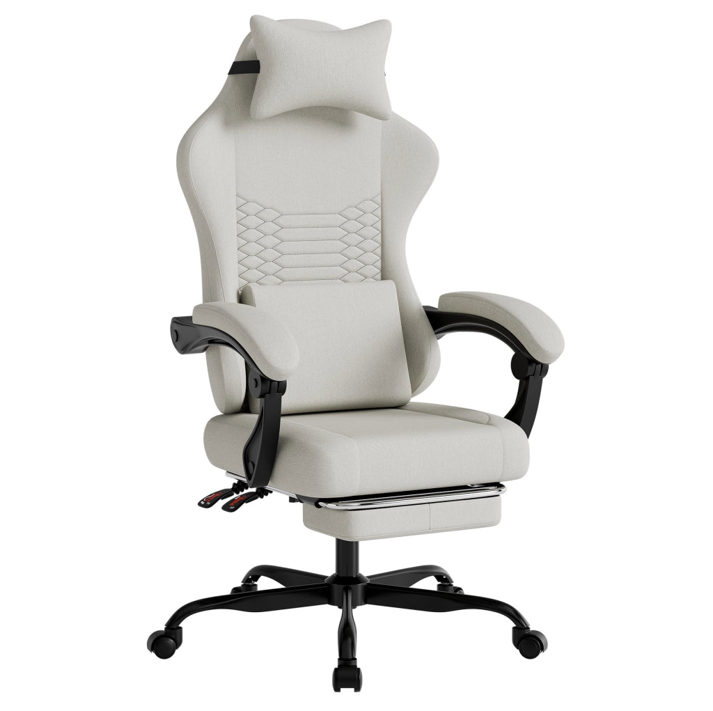 Sedia gaming ergonomica in tessuto bianco con poggiapiedi; braccioli sincronizzati e schienale reclinabile
