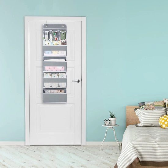 Oggetti da appendere per la porta, 7 grandi contenitori con finestra, griglia di appoggio pieghevole con 2 ganci, deposito appeso per camera da letto, bagno o ingresso