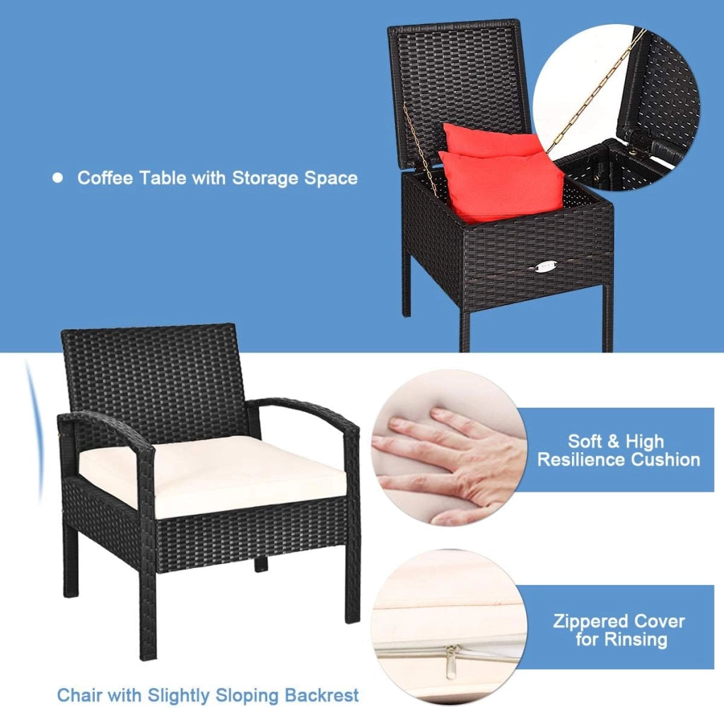 Set di mobili da esterno 3 pezzi, poltrone da giardino in rattan PE e tavolino da caffè, resistenti, con cuscini morbidi rimovibili, per giardino, terrazza, bistrot