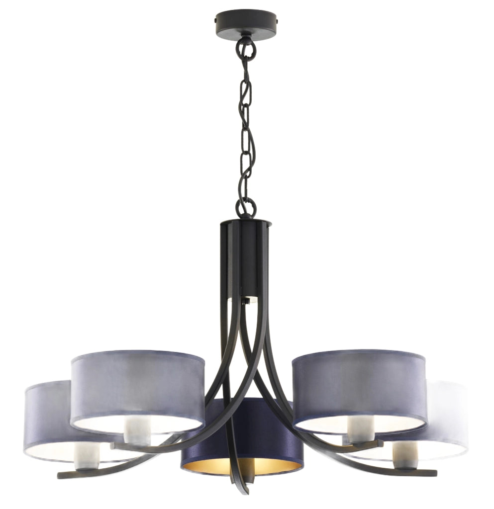Lampadario nero a catena 5xE27 paralumi blu Jupiter