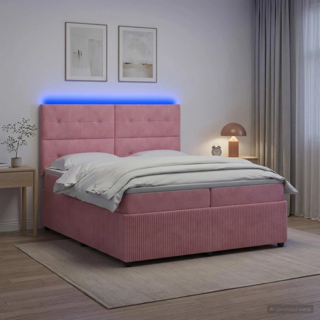 Letto Box Spring LED con Materasso Rosa 200 x 200 cm Velluto 3456142