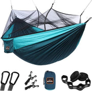 Hangmat con moschito e cinture di albero - leggera, doppia e singola - per campeggio, escursioni, viaggi e passeggiate - blu/scuro blu