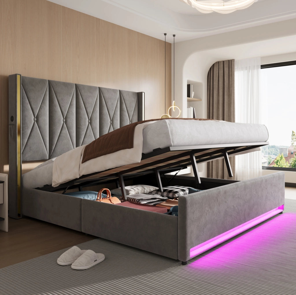 Letto imbottito 180x200 cm con contenitore; USB Type-C e LED in velluto grigio scuro