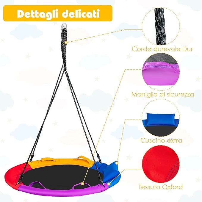 Altalena a Nido per Bambini, Altalena Rotonda con Corde Regolabili in Altezza, Cuscino e Maniglia, Ideale per Cortile e Giardino, Capacità di Carico 150 kg