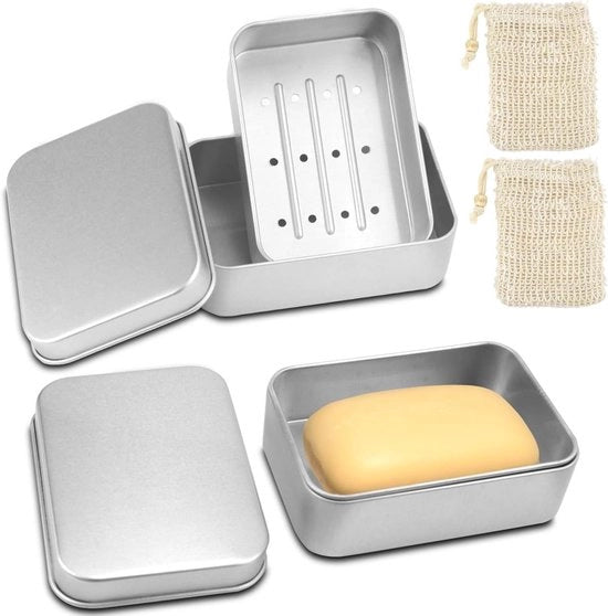 Due contenitori di sapone in alluminio impermeabili con sifone e sacchetto di sapone in sisal - ideali per uso domestico e viaggi