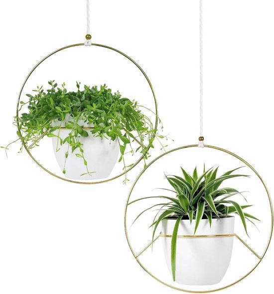 Impianto per piante - Set di due vasi da appendere - Vaso da fiore appeso in metallo dorato - Vaso da fiore da appendere bianco per interni
