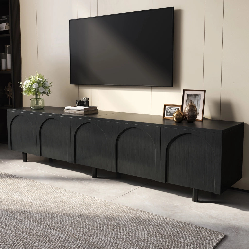 Mobile porta TV con 5 ante, fori passacavi e piedini in metallo, per soggiorno, in MDF e PB, nero, 180 × 38 × 45 cm