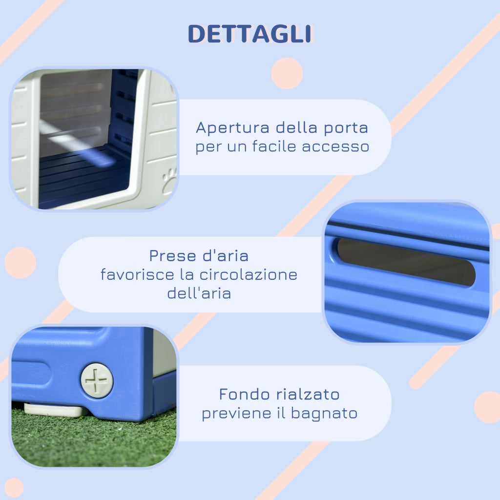 Cuccia per Cani Taglia Piccola da Esterno in PE con Ingresso e 2 Prese d'Aria Laterali, 60x42x40 cm, Blu e Bianco