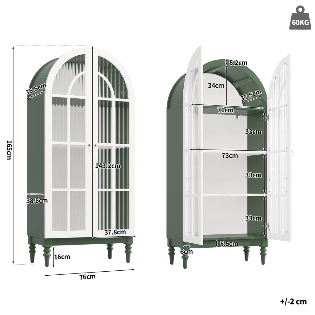 Vetrina ad arco con doppie ante in vetro rigato, 3 ripiani, MDF e metallo, verde, 76 × 38,5 × 165 cm
