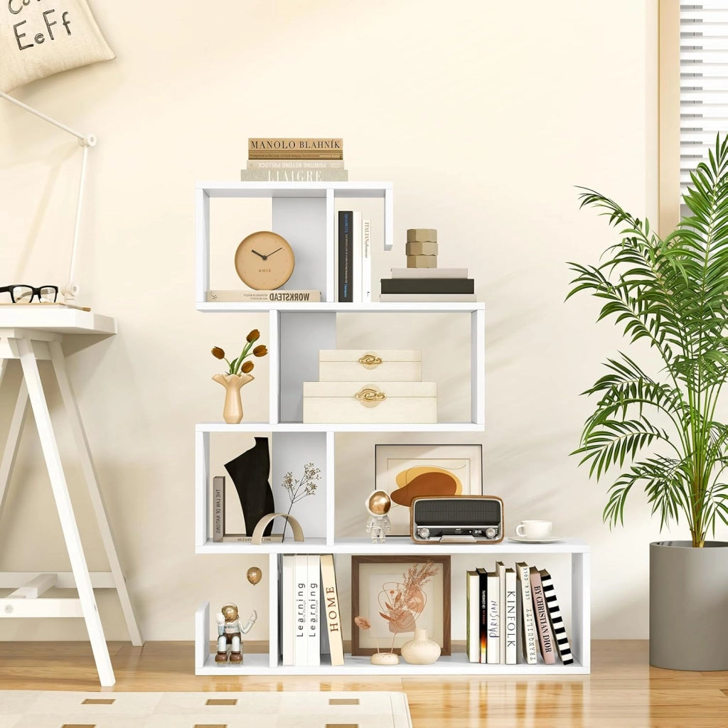 Libreria a forma di S con 5 ripiani, divisorio per soggiorno e ufficio, libreria in legno, 80 x 22 x 100 cm (bianco)