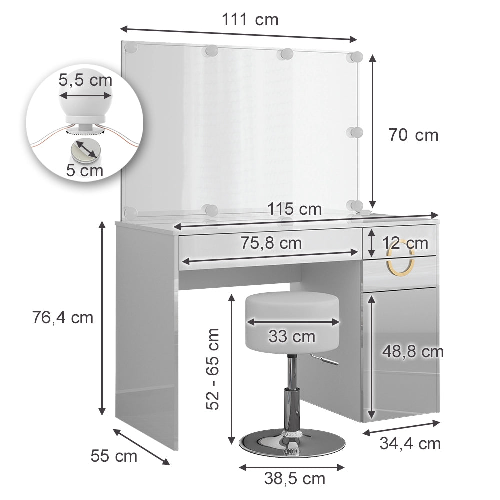 Vicco Tavolo da toeletta Bianco 115 cm con illuminazione LED e sgabello