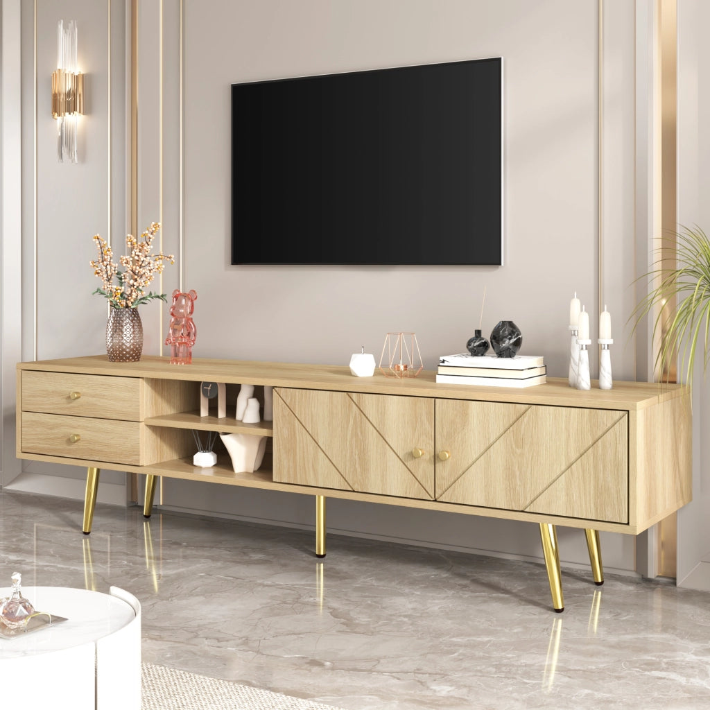 Mobile TV con 2 Ante; 2 Cassetti e 2 Vani Aperti; Piedini in Metallo Dorato; Stile Moderno; 160??36??42 cm; Legno
