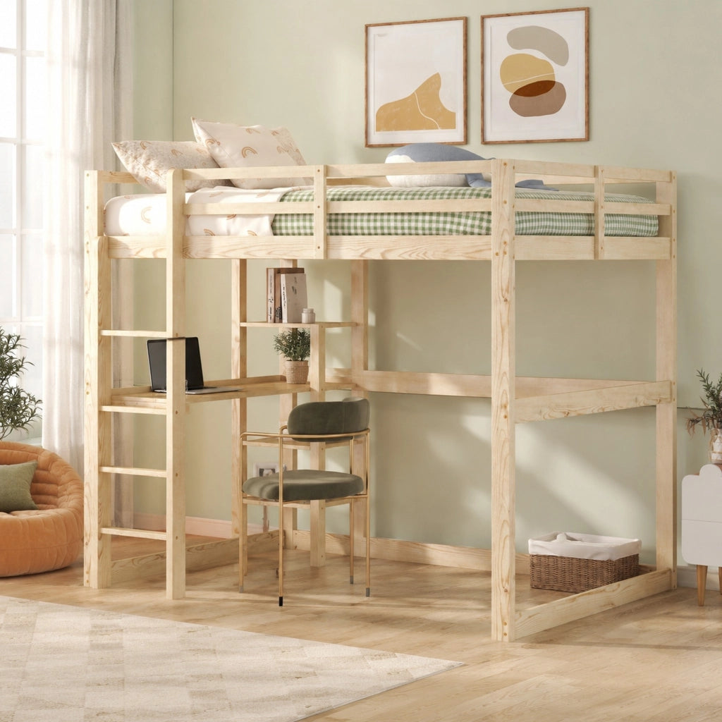 Letto a soppalco 140x200 cm con scrivania e 4 ripiani