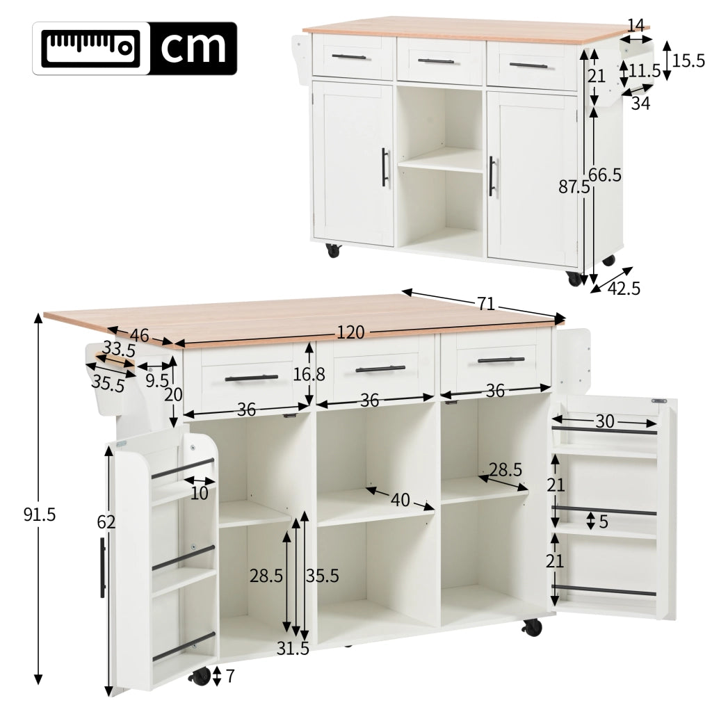 Carrello da Cucina con 3 Cassetti; 3 Scomparti; Piano Ribaltabile; Portasciugamani e Ruote 139x46x91;5 cm