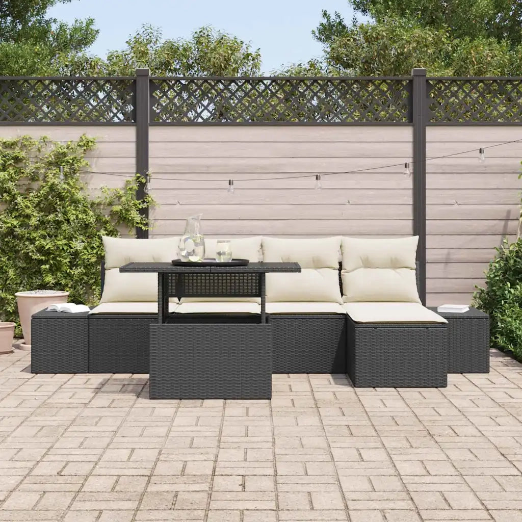 Set Divano da Giardino 6 pcs Nero e Crema polyrattan
