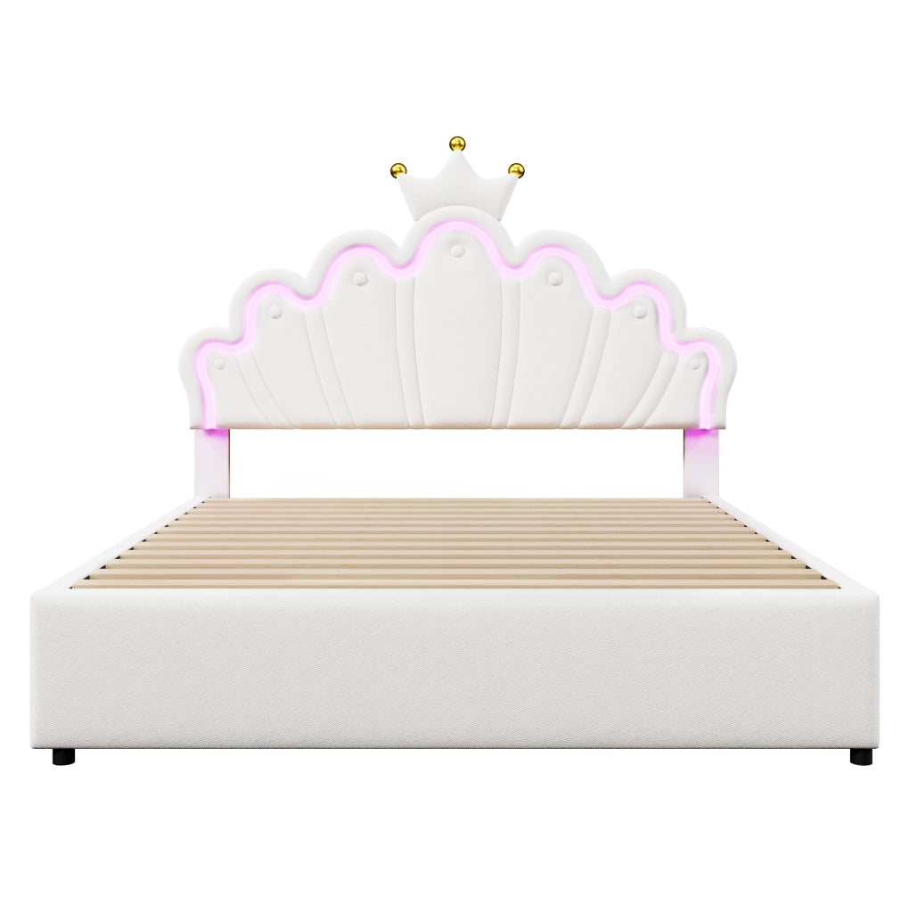 Letto per bambini 140x200 cm con LED; 2 cassetti e testiera regolabile; similpelle bianca e rosa