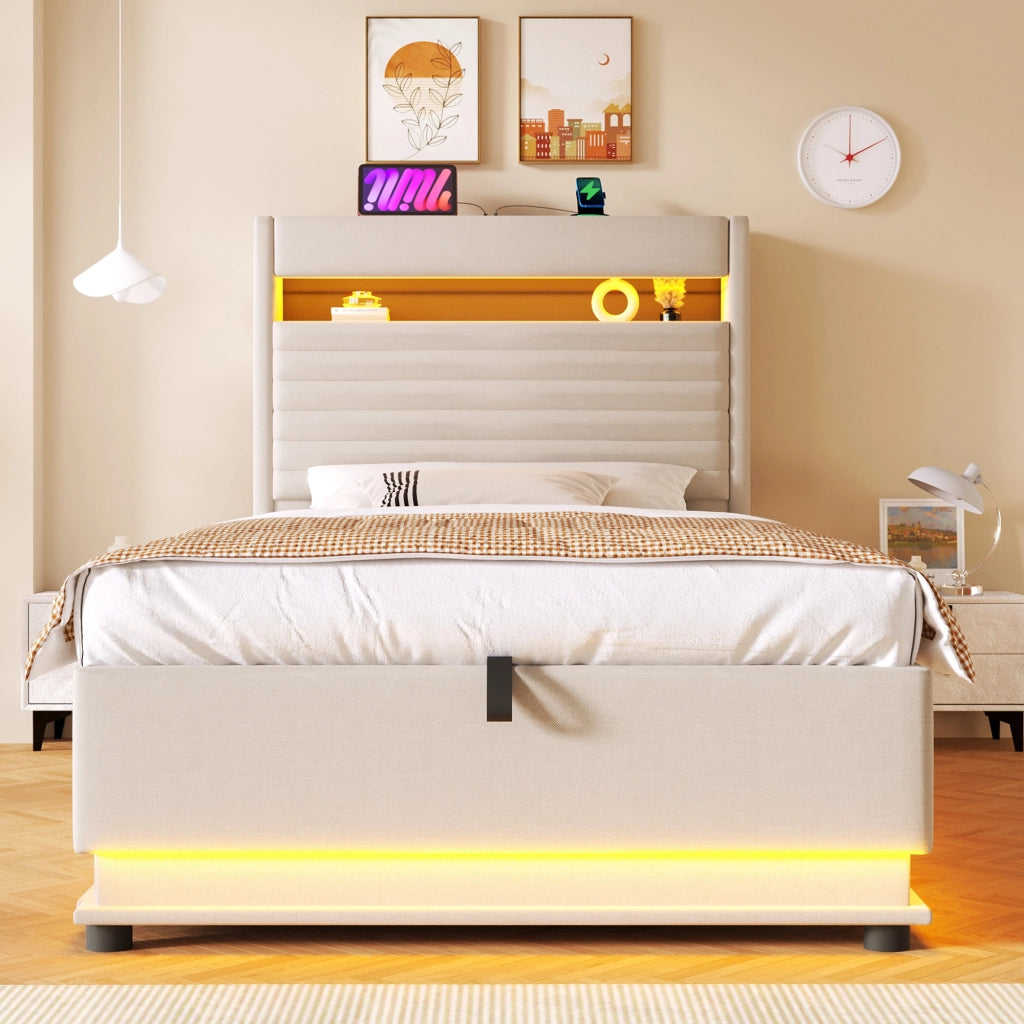Letto contenitore imbottito 90x200 cm con apertura ribaltabile; LED tramite pulsante e App; USB-C; lino beige