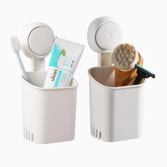 Sostegno per spazzola da denti senza perforazione, 2 pezzi, carico massimo 5 kg, sostegno per spazzola da denti per doccia, sostegno per spazzola da denti per bagno, sostegno per rasoio, contenitore per pasta da denti, materiale in plastica bianca.