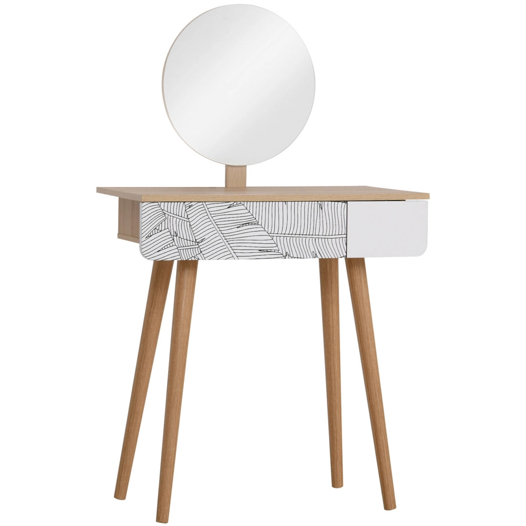Postazione Trucco con Specchio Circolare ¨C zephmum ¨C Bianco e Rovere, 70x39x119-128cm