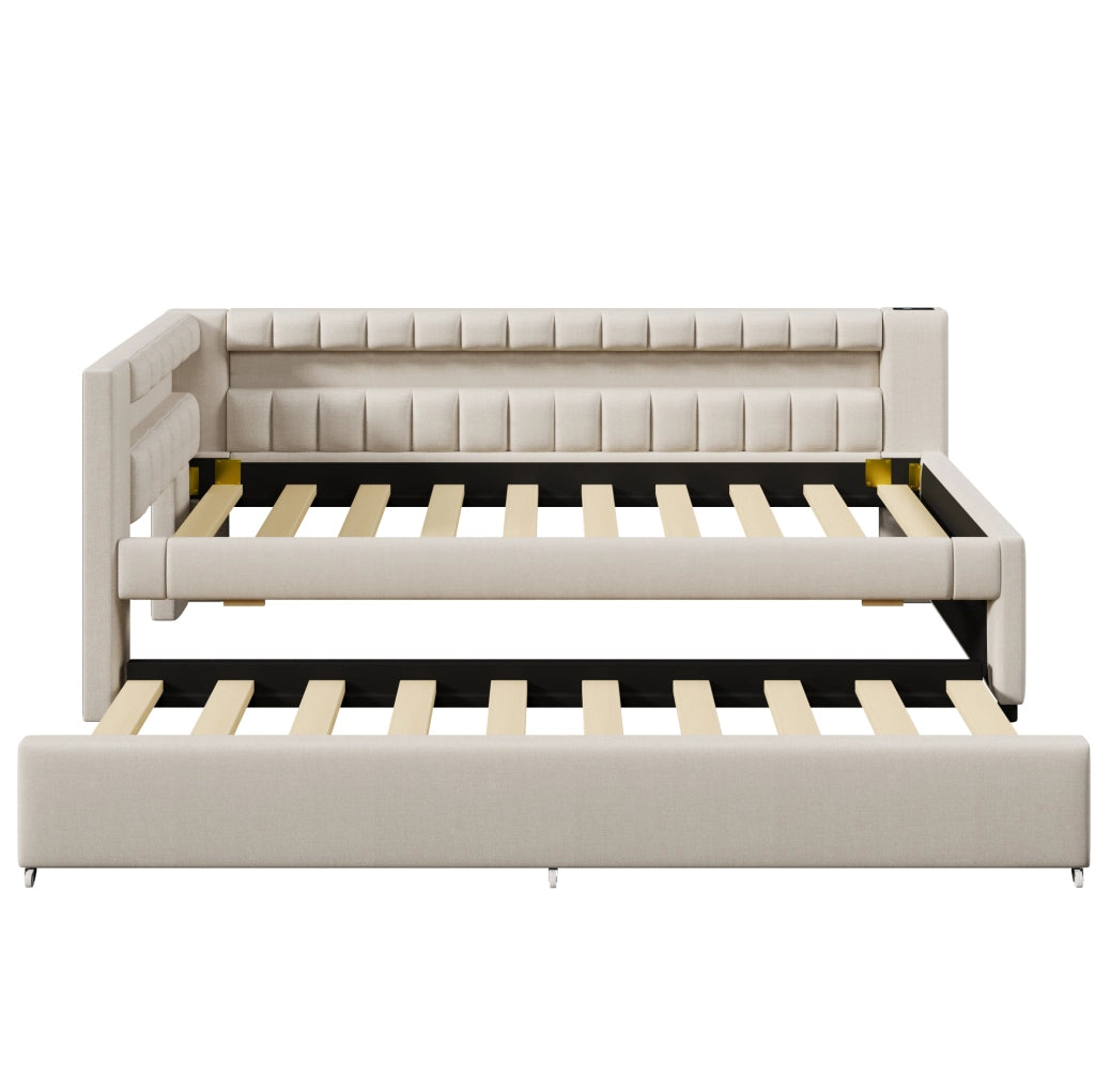 Letto 90x200 cm con LED; letto estraibile; USB e Type-C in lino beige