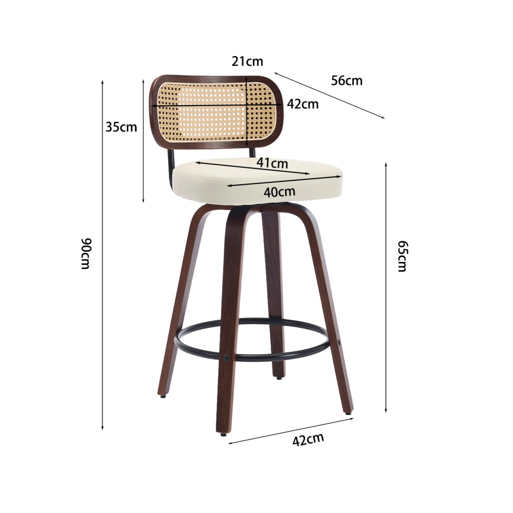 Set di 3 Sgabelli da Bar Girevoli con Schienale in Paglia di Vienna e Seduta Imbottita; Poliuretano; Beige