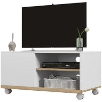 Mobile TV 42" Max con 2 Ripiani Aperti e Anta e Ruote, in Truciolato, 80x45x39.5 cm, Bianco