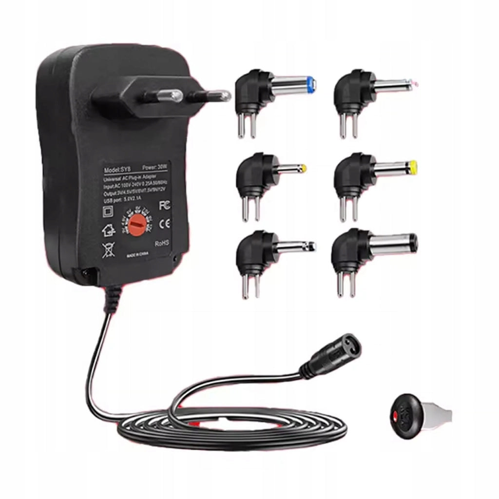 Alimentatore Universale DC 30W – Regolabile 3–12V, 1.2A | 6 Connettori Elbow, USB | Compatto, Certificato CE, FCC, RoHS