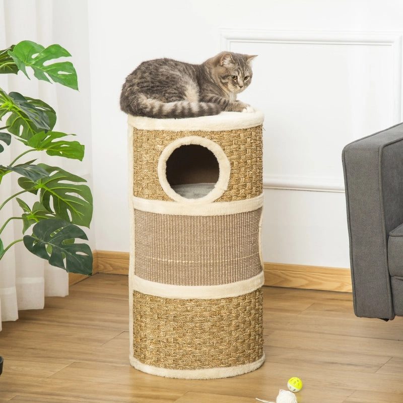 Tiragraffi per gatti a 3 livelli in pannello truciolare con rivestimento in peluche, marrone