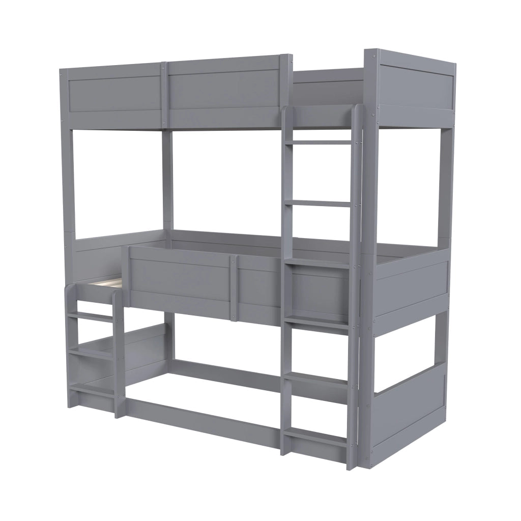 Letto a castello grigio in legno massello 90x200 cm con tre piani e parapetto alto