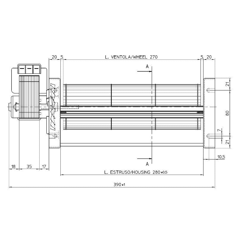 Ventola tangenziale Doppia velocità EMMEVI FERGAS TGO 80/1 270/35 153459 per Stufa a Pellet. L. 390mm Vent. 80mm Bocch. 280x44mm