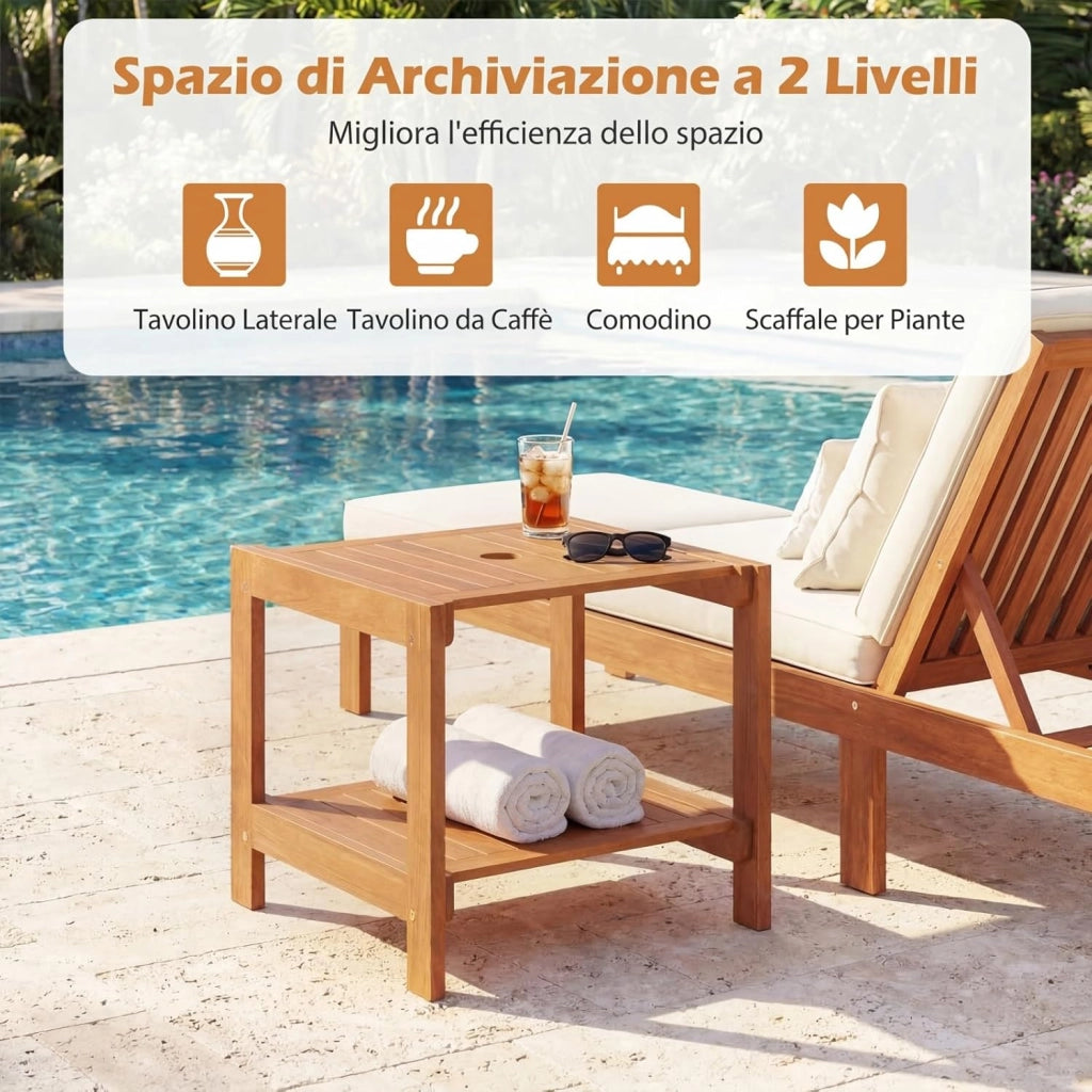 Tavolino da Esterno con Foro per Ombrellone 4 cm, Tavolo da Balcone in Legno Massello, a 2 Ripiani, Salvasapzio, per Giardino, Terrazzo, Cortile, Portata 40 kg, 51 x 48 x 45 cm