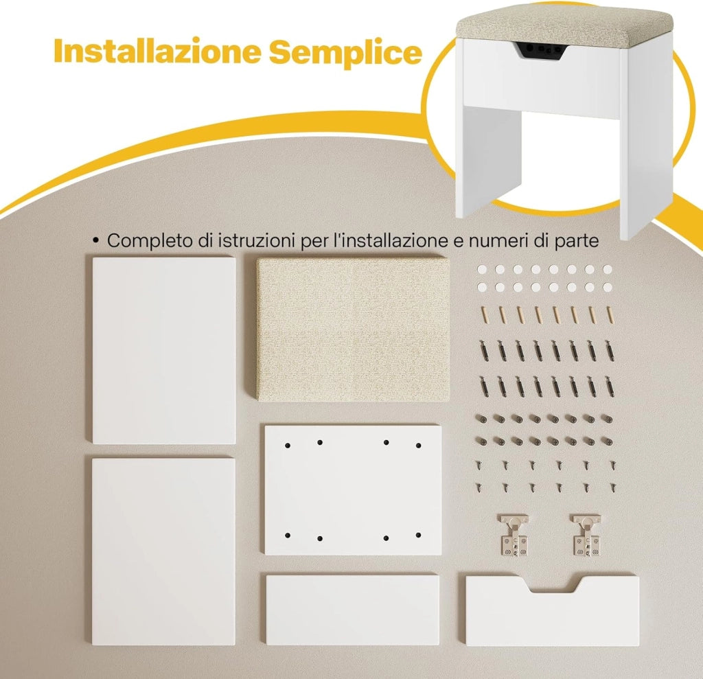 Sgabello Toeletta Trucco con Cuscino,Sgabello Per Trucco con Spazio Di Stoccaggio,Sedia da Make Up per Camera da Letto,Piedeappoggio,Bianco
