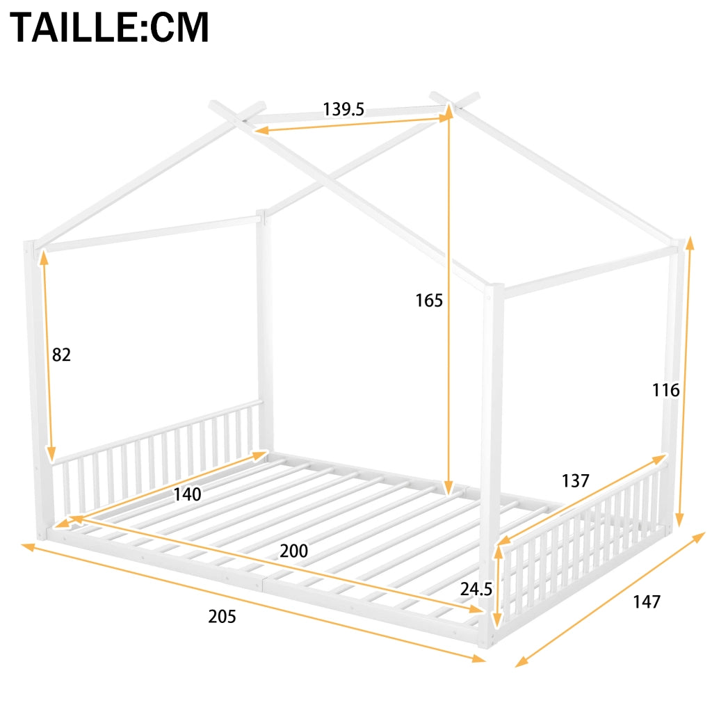 Letto per bambini 140 × 200 cm a casetta con struttura in metallo, senza materasso, bianco per camera dei bambini