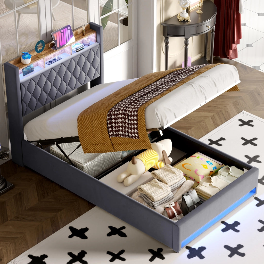 Letto Imbottito 140x200 cm Grigio Scuro in Velluto con Rete a Doghe