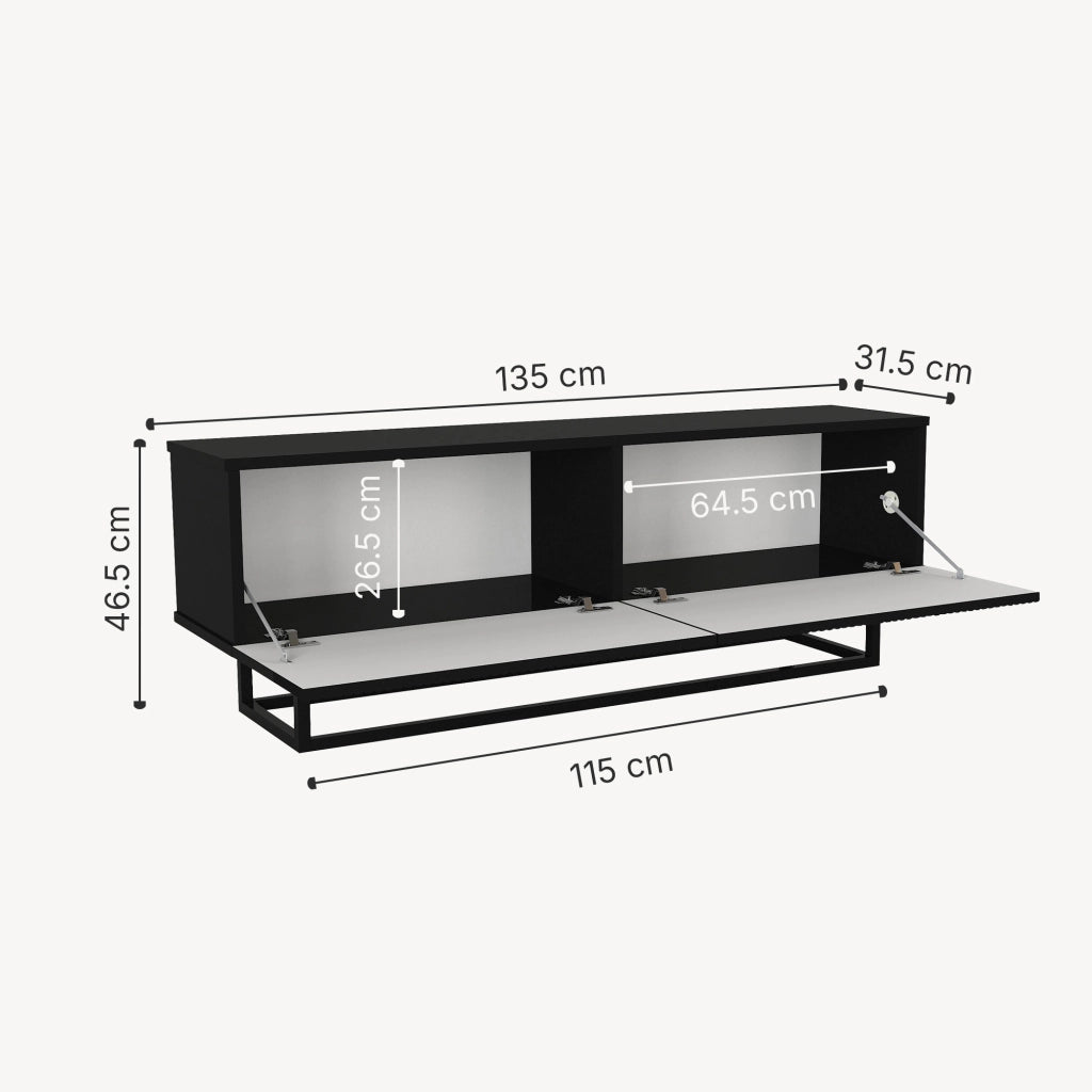 Mobile Porta TV Verpsboga a 2 Ante Decorative e Telaio in Metallo 135x32x47 cm - Nero [en.casa]