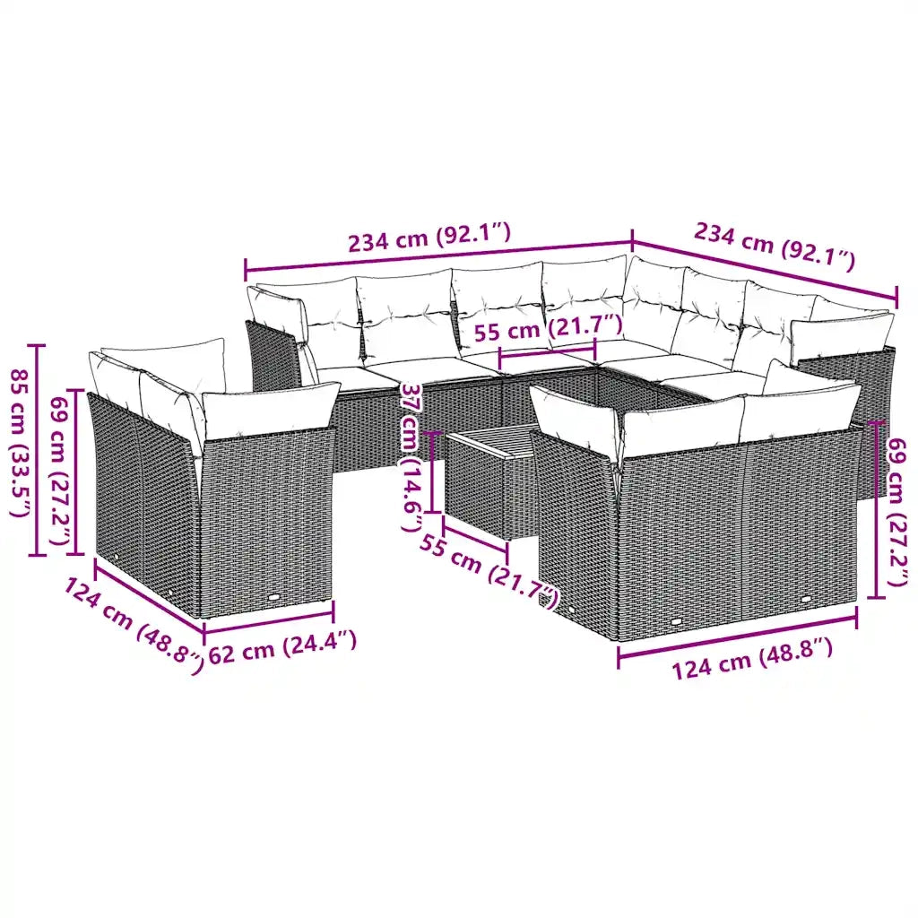 Set Divani da Giardino 12 pz con Cuscini Grigio in Polyrattan