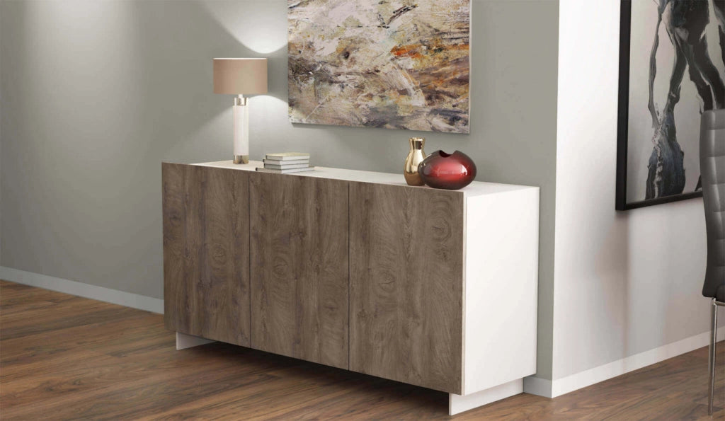 Credenza Carlile Bianco e Rovere Chiaro 150x40x76 h cm in Truciolare bilaminato Rovere grigio